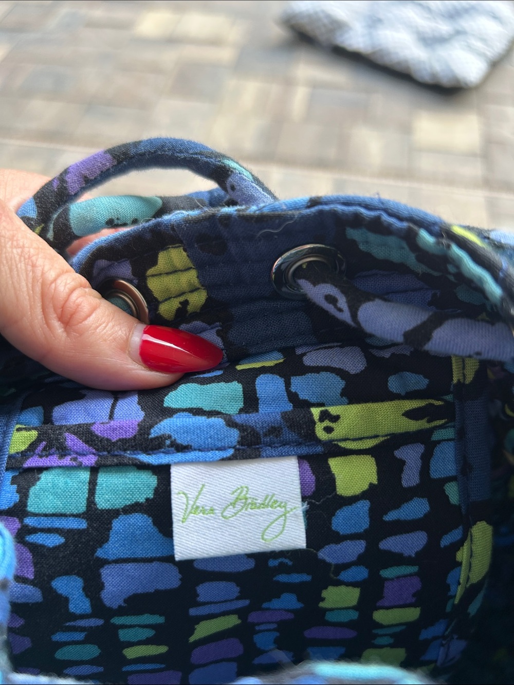 Vera Bradley Navy Floral Quilted Drawstring backpackwith Yellow & Purple Accents - Picture 2 of 3